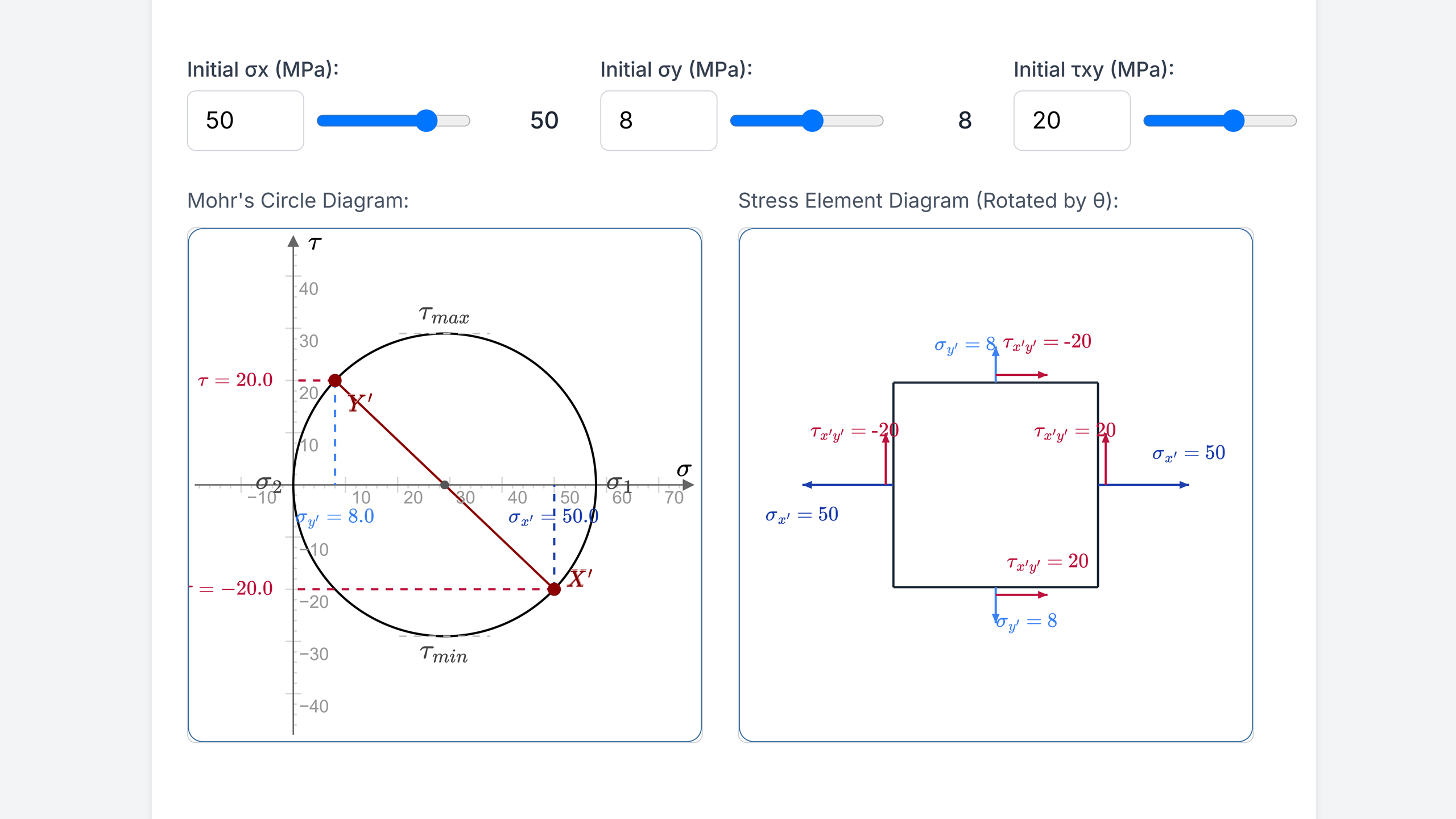 Explore stress transformation in materials with our FREE online Mohr’s Circle calculator and interactive 2D stress visualizer.