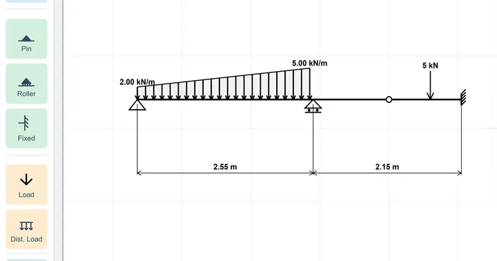 Statics Sketcher app drawing a beam with supports and loads (free body diagram)